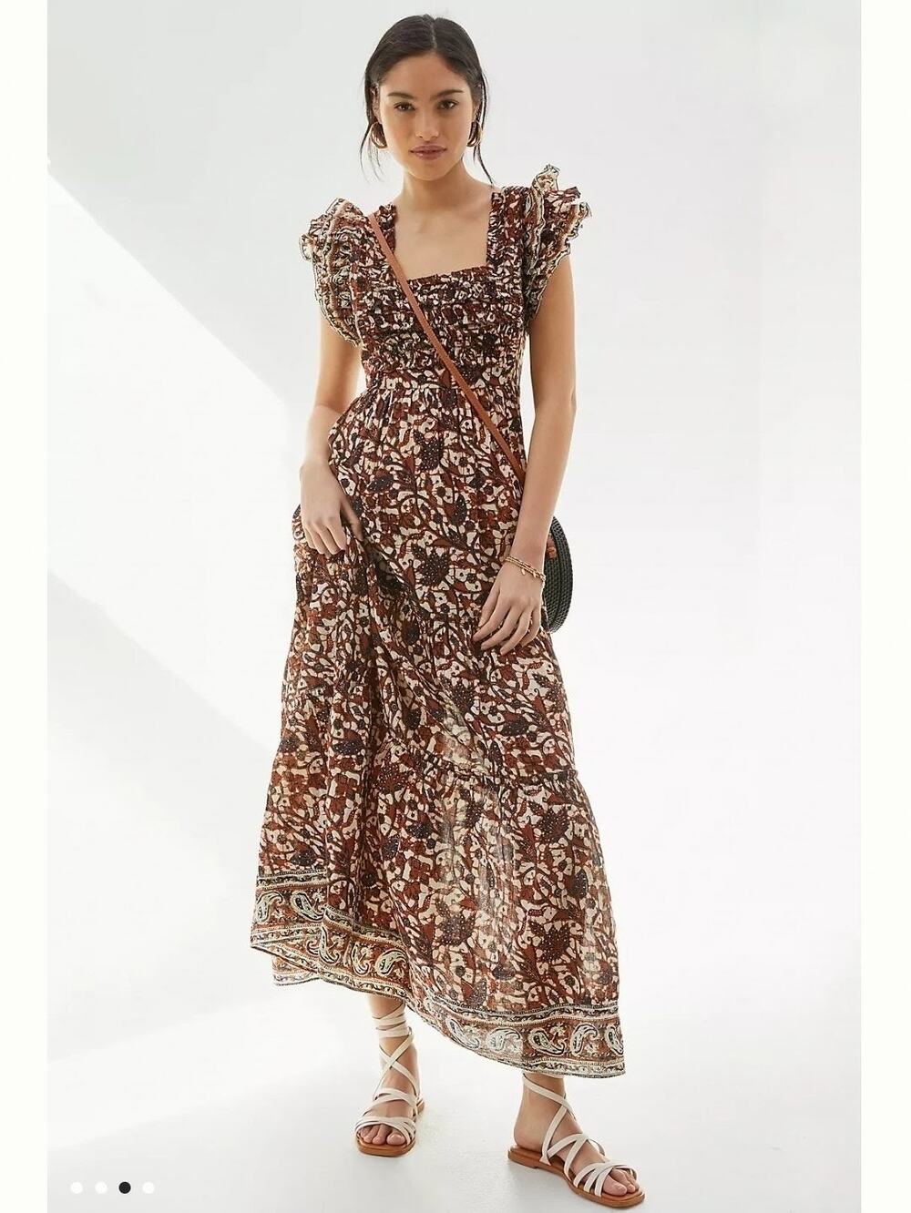 House of Harlow Ruffled Maxi Dress Brown Cream Floral Maxi Dress Size Large